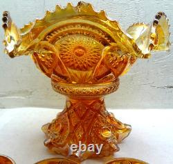 Vintage Marigold Carnival Iridescent Glass Punch Bowl Set 9-Cups FREE SHIPPING