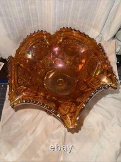 Vintage Marigold Imperial Glass Punch Bowl with Pedestal Iridescent Ruffled EUC