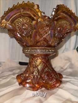 Vintage Marigold Imperial Glass Punch Bowl with Pedestal Iridescent Ruffled EUC