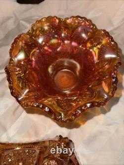 Vintage Marigold Imperial Glass Punch Bowl with Pedestal Iridescent Ruffled EUC