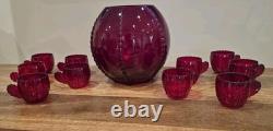 Vintage Martinsville Ruby Red Punch Bowl & Cups Set 11 Pc Art Deco Glass 1930s