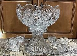 Vintage Maybe Antique Heisey Pressed Glass Sunburst Punch Bowl, Base, Cups AS IS