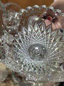 Vintage Maybe Antique Heisey Pressed Glass Sunburst Punch Bowl, Base, Cups AS IS