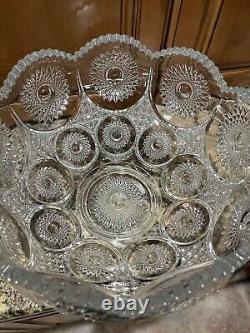 Vintage Maybe Antique Heisey Pressed Glass Sunburst Punch Bowl, Base, Cups AS IS