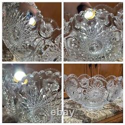 Vintage Maybe Antique Heisey Pressed Glass Sunburst Punch Bowl, Base, Cups AS IS