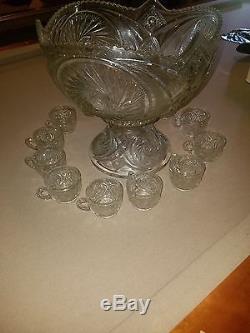 Vintage McKee Aztec 14 pc EAPG Punch Bowl & Stand with 12 Cups