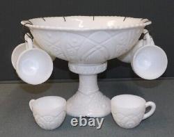 Vintage McKee Concord Milk Glass Pedestal Punch Bowl Set with 10 Cups