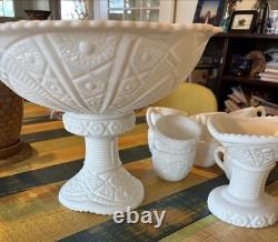 Vintage McKee Concord Milk Glass Pedestal Punch Bowl Set with Cups & 2 Stands
