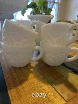 Vintage McKee Concord Milk Glass Pedestal Punch Bowl Set with Cups & 2 Stands