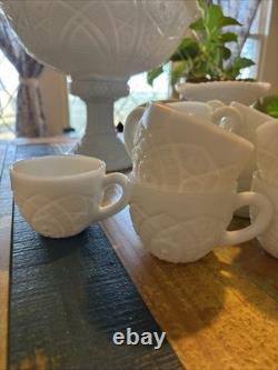 Vintage McKee Concord Milk Glass Pedestal Punch Bowl Set with Cups & 2 Stands