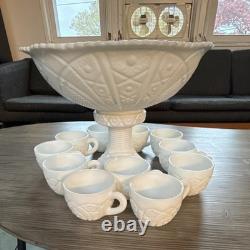 Vintage McKee Concord White Milk Glass Punch Bowl Set with 11 Cups