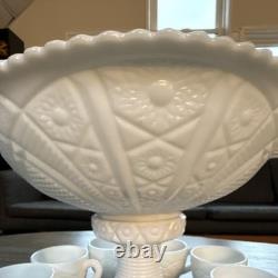 Vintage McKee Concord White Milk Glass Punch Bowl Set with 11 Cups