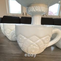 Vintage McKee Concord White Milk Glass Punch Bowl Set with 11 Cups