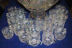 Vintage McKee Glass Pedestal Punch Bowl With 20 Cups in Aztec Pattern EAPG
