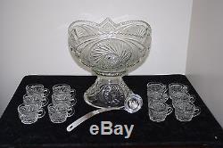 Vintage McKee Glass Punch Bowl with Stand 12 Cups, Ladel Aztec Pattern Orig. Box