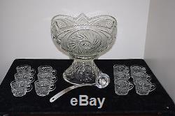 Vintage McKee Glass Punch Bowl with Stand 12 Cups, Ladel Aztec Pattern Orig. Box