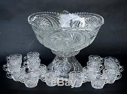 Vintage McKee Glass Punch Bowl with Stand 16 Cups Aztec Pattern