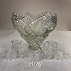 Vintage McKee LE Smith Aztec 14in Punch Bowl, Stand, and 10 Glasses Set Charity