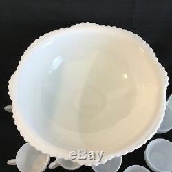 Vintage McKee Milk Glass Punch Bowl Set Bowl Pedestal 12 Cups Ladle