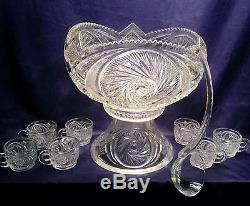 Vintage McKee /Smith Glass Punch Bowl with Stand 7 Cups Ladel Aztec Pattern
