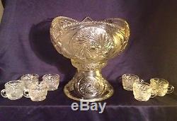 Vintage McKee /Smith Glass Punch Bowl with Stand 7 Cups Ladel Aztec Pattern