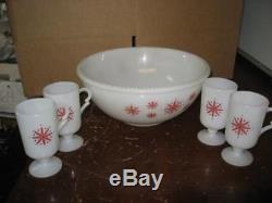 Vintage McKee Snowflake Christmas Winter Milk Glass Punch Bowl with 4 Glasses