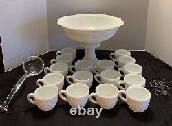 Vintage McKee White Milk Glass Punch Bowl Set with 16 Cups, Glass Ladle, Box