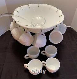 Vintage McKee White Milk Glass Punch Bowl Set with 16 Cups, Glass Ladle, Box