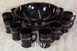 Vintage Mckee Black Glass Tom & Jerry Punch Bowl Set With 10 Cups Exc. Condition