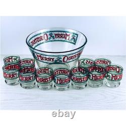 Vintage Merry Christmas Punch Bowl Set with 11 Glasses Holiday Glassware