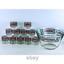 Vintage Merry Christmas Punch Bowl Set with 11 Glasses Holiday Glassware