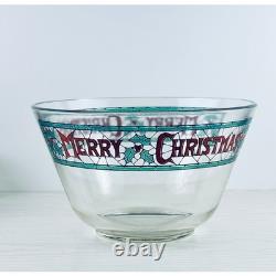 Vintage Merry Christmas Punch Bowl Set with 11 Glasses Holiday Glassware