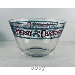 Vintage Merry Christmas Punch Bowl Set with 11 Glasses Holiday Glassware