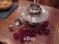 Vintage Mid Century 1950's Metal Punch Bowl With Bakelite And Ruby Red Glasses
