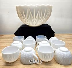 Vintage Mid-Century Geometric White Milk Glass Punch Bowl & 12 Cups Beautiful