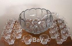 Vintage Mid Century L. E. Smith Clear Glass Dominion Punch Bowl Set 20 Cups Ladle