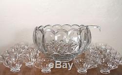 Vintage Mid Century L. E. Smith Clear Glass Dominion Punch Bowl Set 20 Cups Ladle