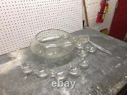 Vintage Mid-Century Modern Dorothy Thorpe Style Glass Punch Bowl and 12 Cups