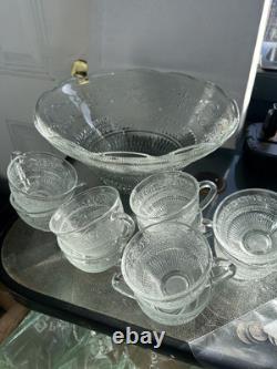 Vintage Mid Century Modern Glass Punch Bowl Set Cups Party Fleur Lys