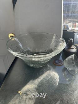 Vintage Mid Century Modern Glass Punch Bowl Set Cups Party Fleur Lys