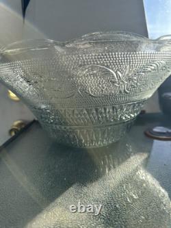 Vintage Mid Century Modern Glass Punch Bowl Set Cups Party Fleur Lys