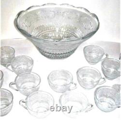 Vintage Mid Century Modern Glass Punch Bowl Set Cups Party Fleur Lys Sandwich