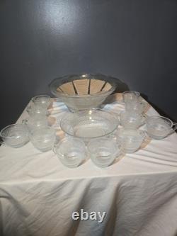 Vintage Mid Century Modern Glass Punch Bowl Set Cups Party Fleur Sandwich 14pc
