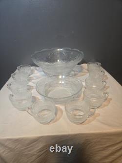 Vintage Mid Century Modern Glass Punch Bowl Set Cups Party Fleur Sandwich 14pc