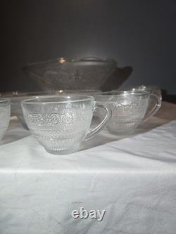 Vintage Mid Century Modern Glass Punch Bowl Set Cups Party Fleur Sandwich 14pc