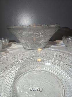 Vintage Mid Century Modern Glass Punch Bowl Set Cups Party Fleur Sandwich 14pc