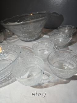 Vintage Mid Century Modern Glass Punch Bowl Set Cups Party Fleur Sandwich 14pc