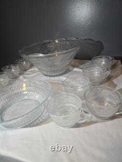 Vintage Mid Century Modern Glass Punch Bowl Set Cups Party Fleur Sandwich 14pc