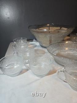 Vintage Mid Century Modern Glass Punch Bowl Set Cups Party Fleur Sandwich 14pc