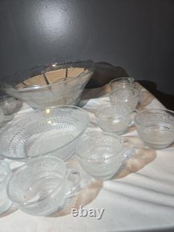 Vintage Mid Century Modern Glass Punch Bowl Set Cups Party Fleur Sandwich 14pc